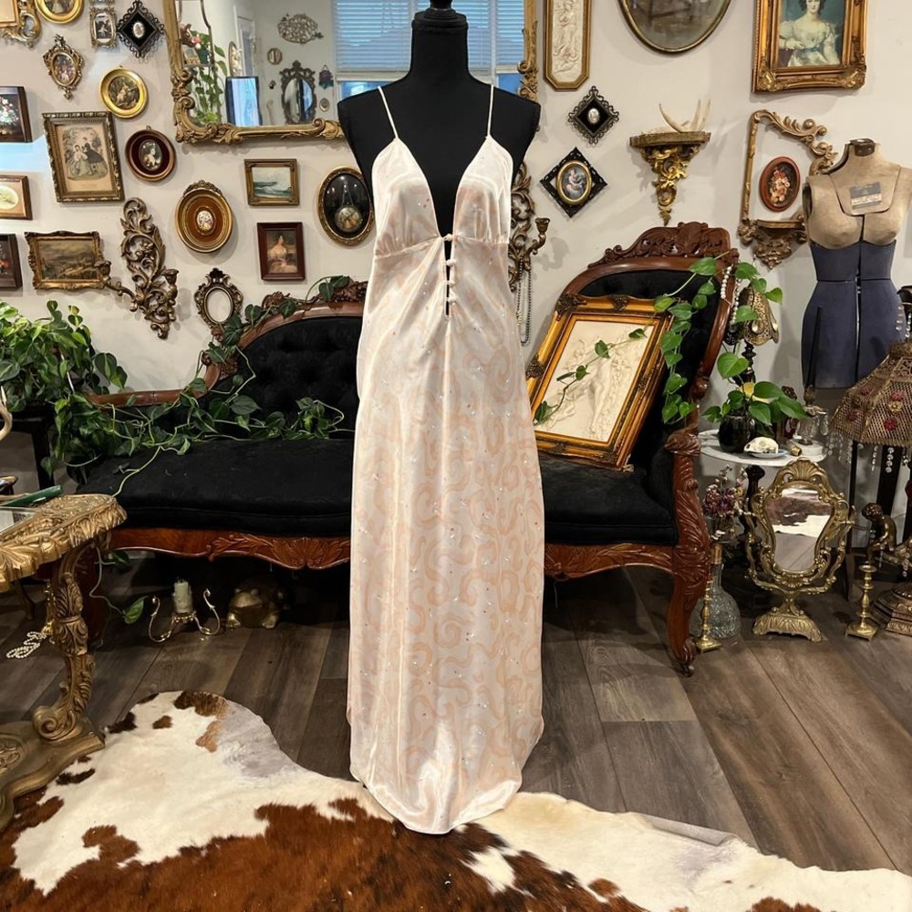 intice by Eunice Vintage Satin Nightgown Pink Swirl Maxi Slip Dress Medium